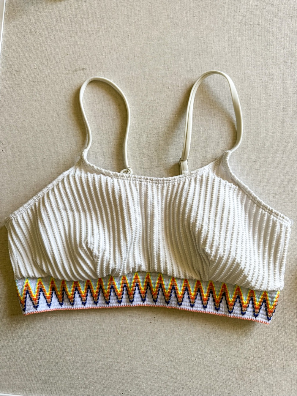Textured Ribbed Bikini Set White Colorful Zigzag Trim High Waisted Size L - Picture 6 of 8
